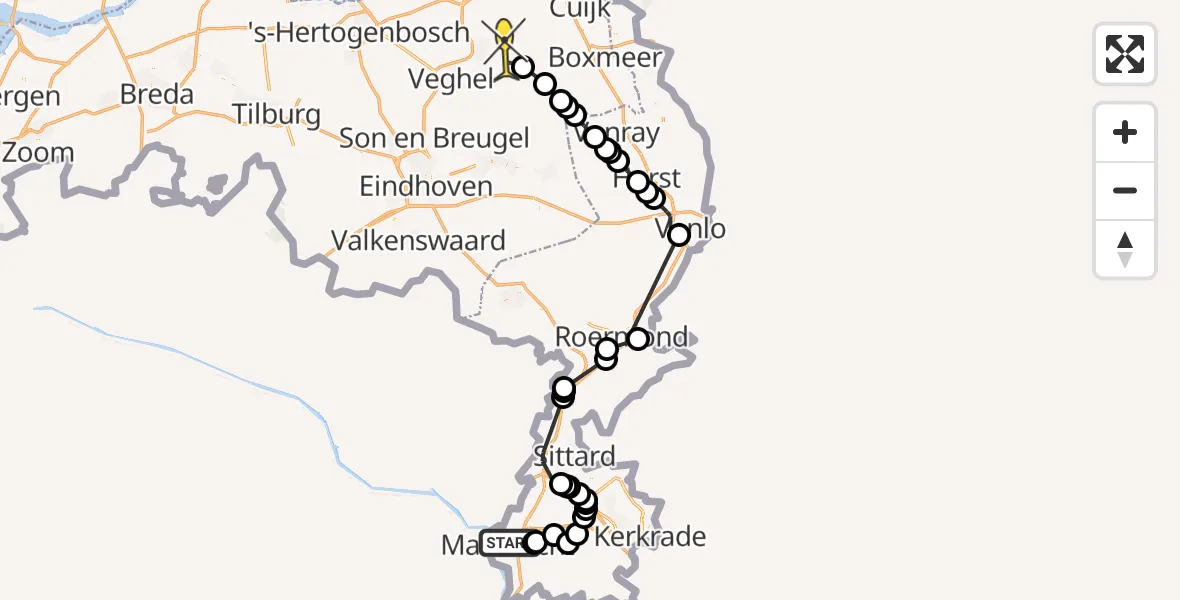 Routekaart van de vlucht: Politiehelikopter naar Volkel