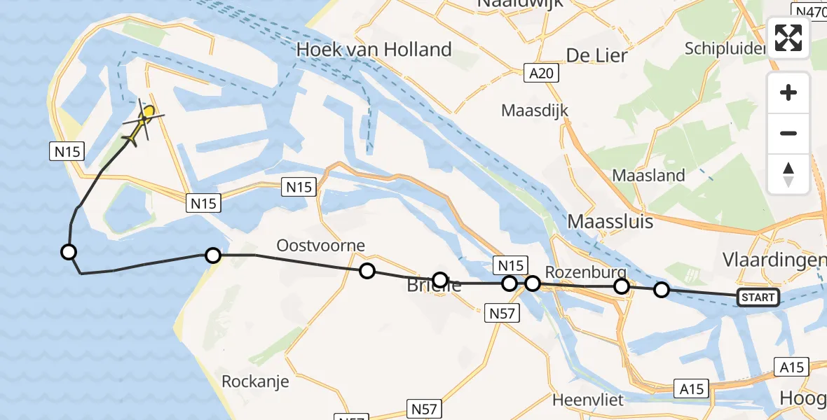 Routekaart van de vlucht: Politiehelikopter naar Maasvlakte