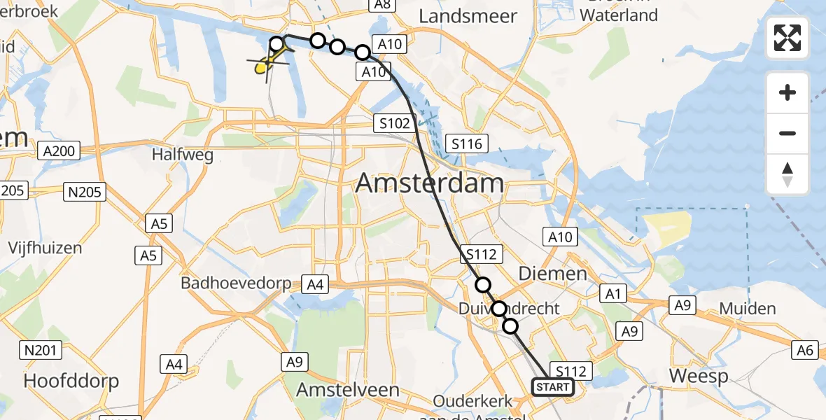 Routekaart van de vlucht: Lifeliner 1 naar Amsterdam