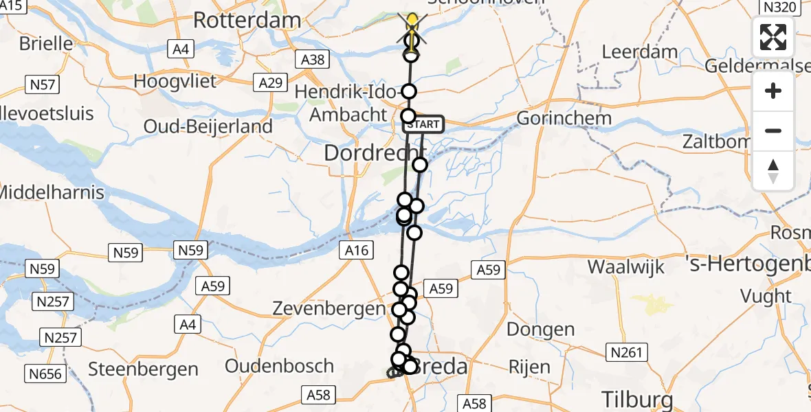 Routekaart van de vlucht: Politieheli naar Lekkerkerk