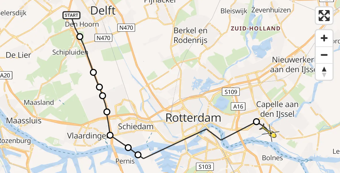Routekaart van de vlucht: Politiehelikopter naar Krimpen aan den IJssel