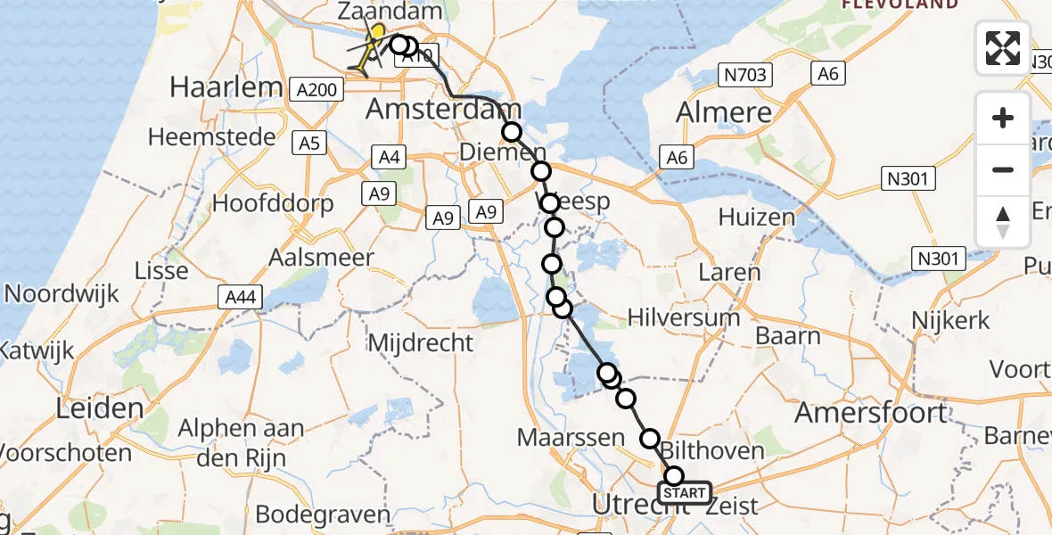 Routekaart van de vlucht: Lifeliner 1 naar Amsterdam