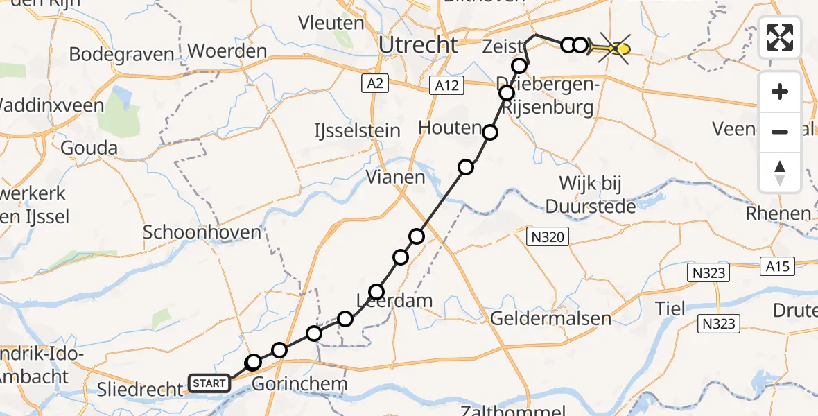 Routekaart van de vlucht: Politieheli naar Woudenberg