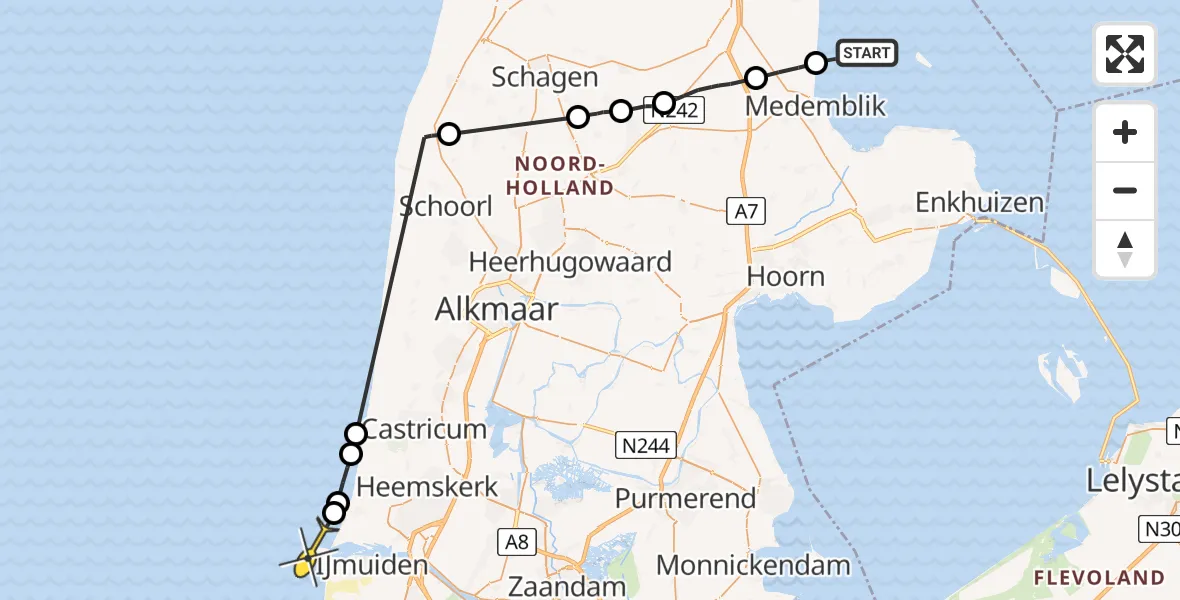 Routekaart van de vlucht: Politieheli naar Velsen-Noord