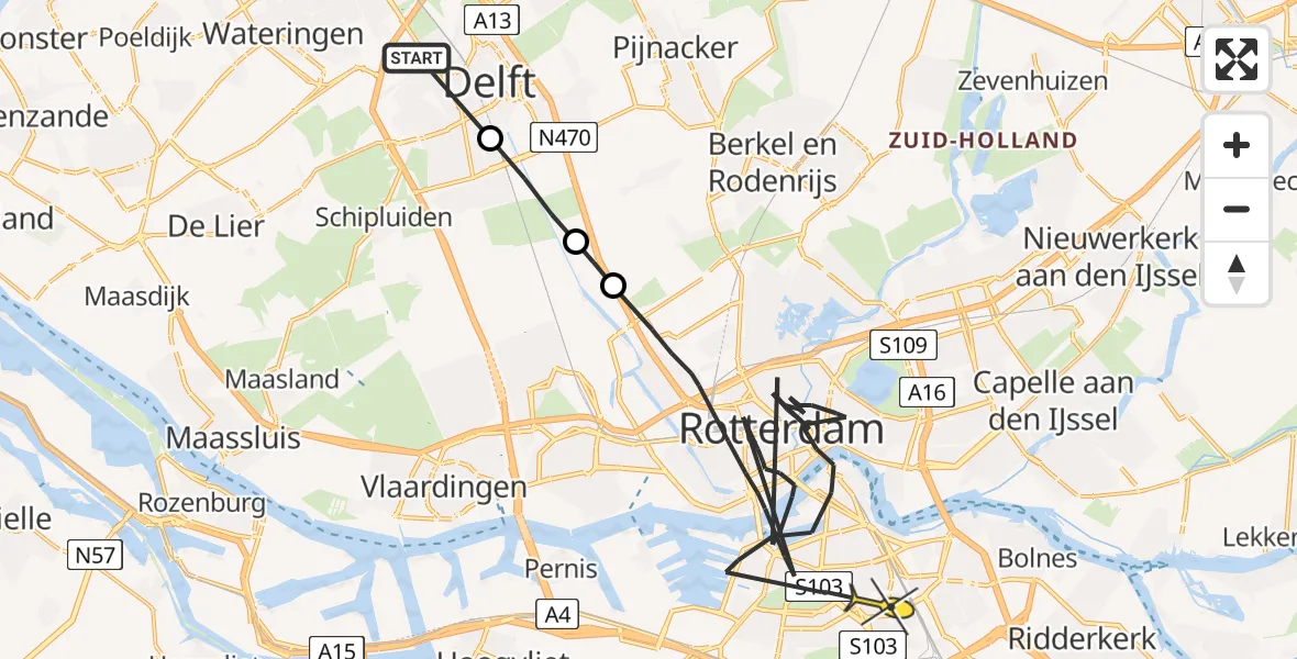 Routekaart van de vlucht: Politieheli naar Rotterdam