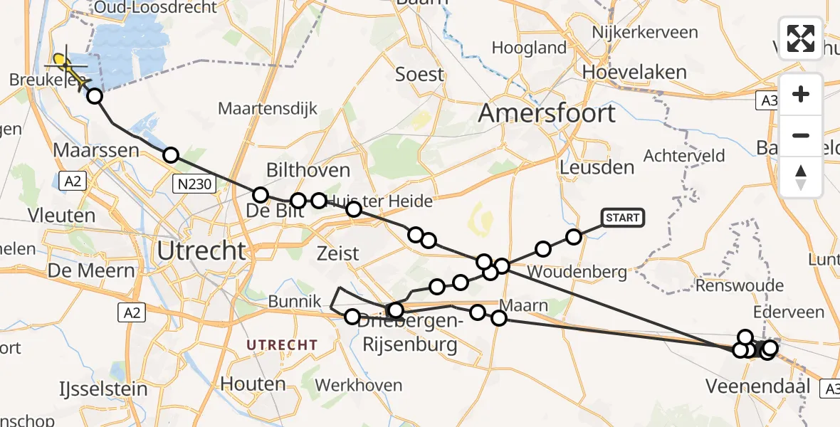 Routekaart van de vlucht: Politieheli naar Breukelen