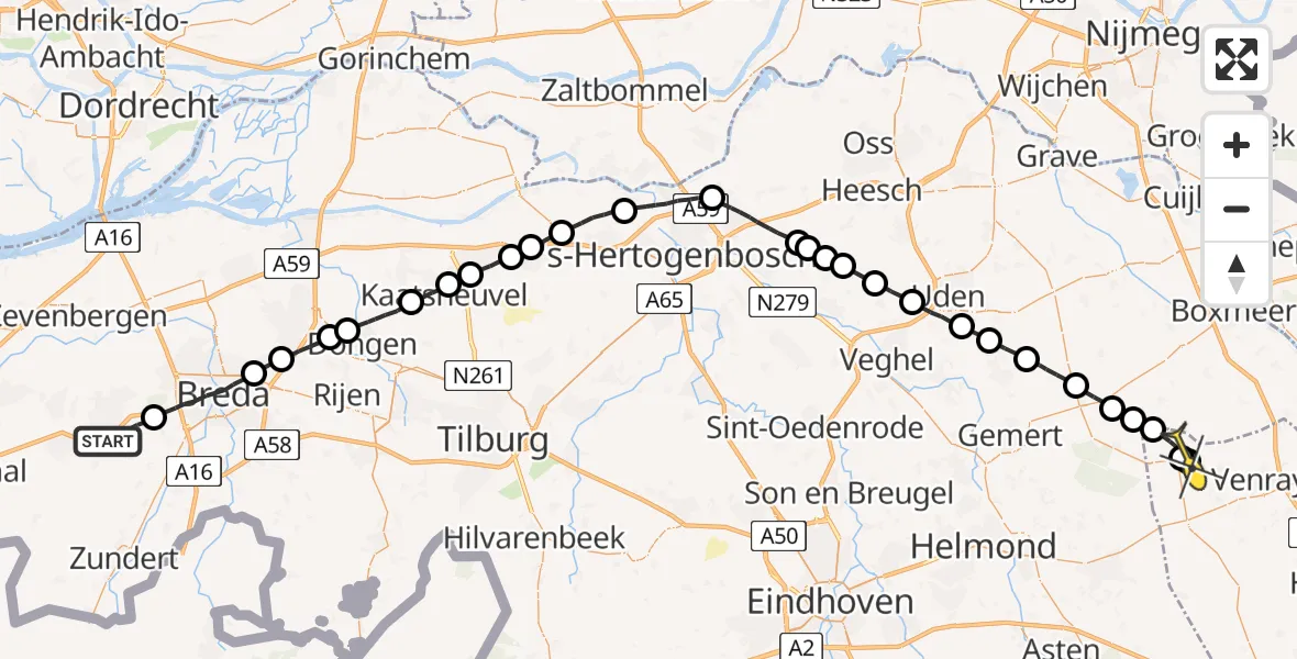 Routekaart van de vlucht: Lifeliner 3 naar Vredepeel