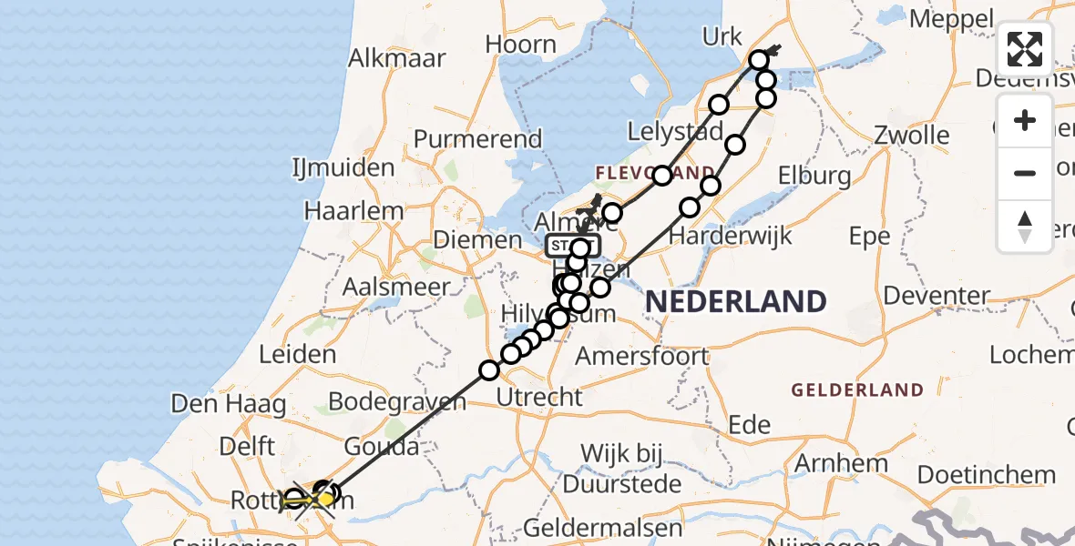 Routekaart van de vlucht: Politieheli naar Rotterdam