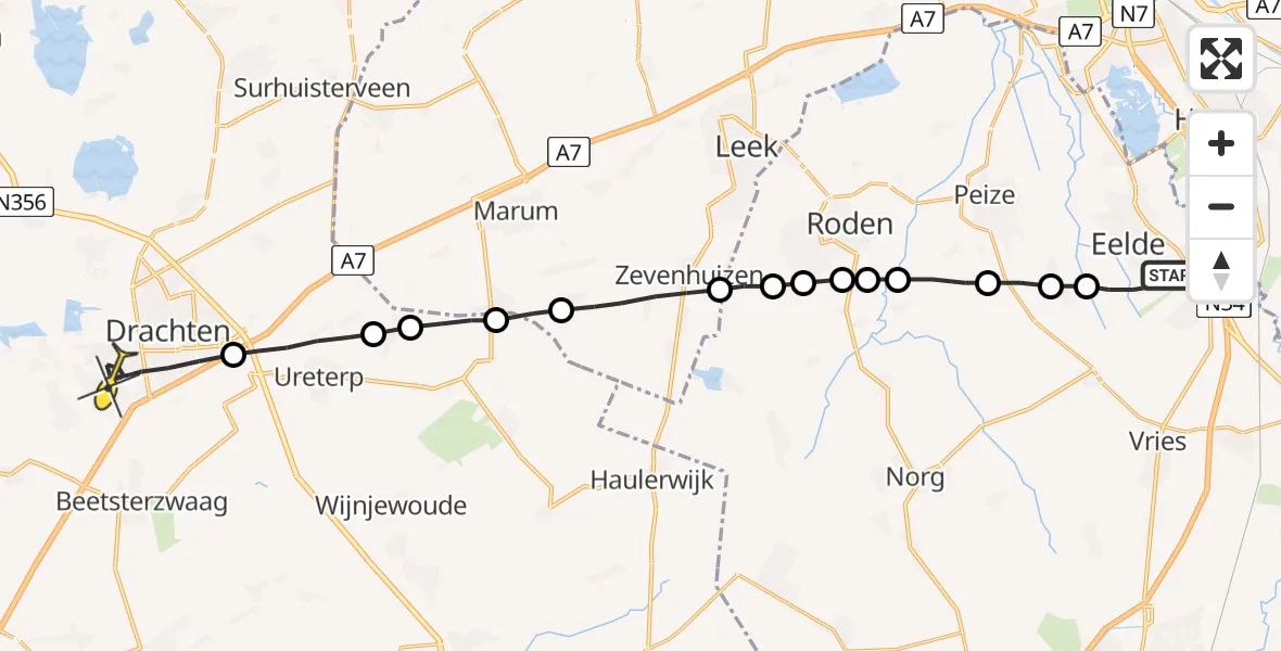 Routekaart van de vlucht: Lifeliner 4 naar Drachten