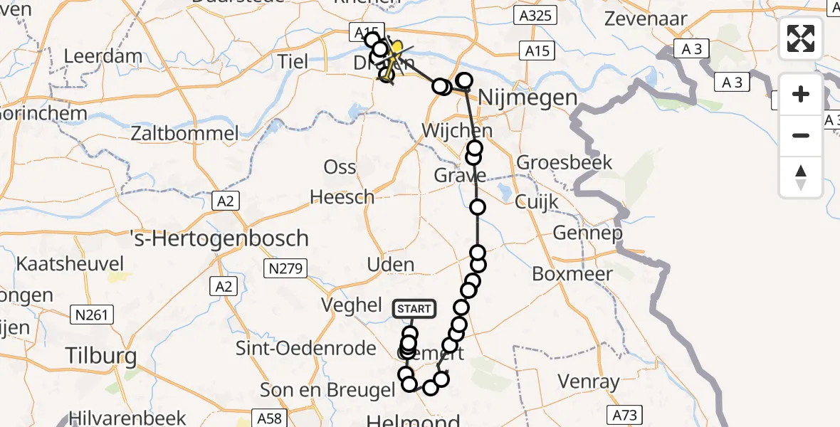 Routekaart van de vlucht: Politieheli naar Druten