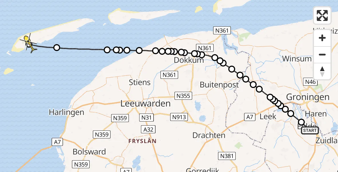 Routekaart van de vlucht: Lifeliner 4 naar West-Terschelling