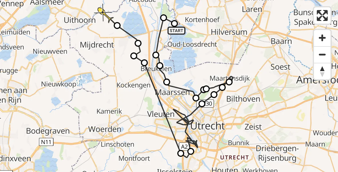 Routekaart van de vlucht: Politieheli naar Waverveen