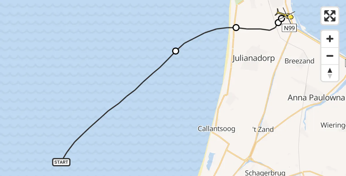 Routekaart van de vlucht: Politieheli naar Vliegveld De Kooy