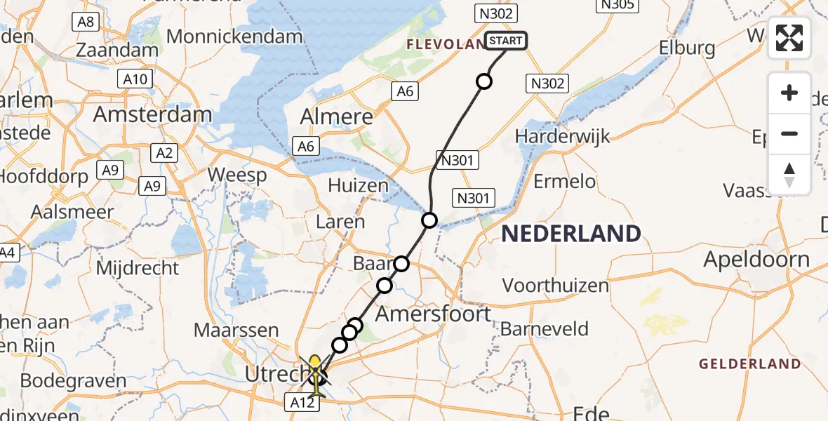 Routekaart van de vlucht: Traumahelikopter naar Universitair Medisch Centrum Utrecht