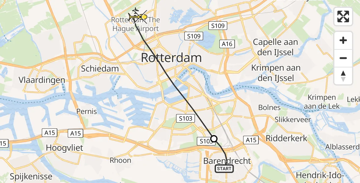 Routekaart van de vlucht: Lifeliner 2 naar Rotterdam