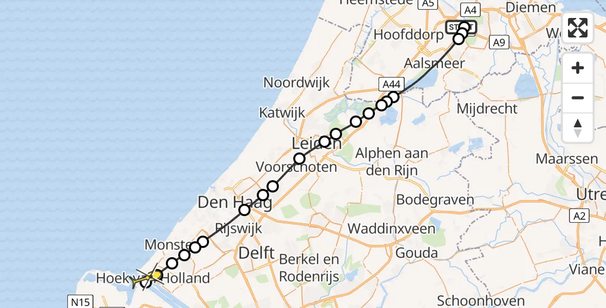 Routekaart van de vlucht: Politieheli naar Hoek van Holland