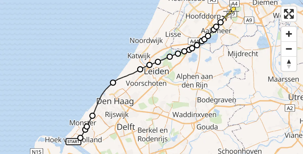 Routekaart van de vlucht: Politieheli naar Schiphol