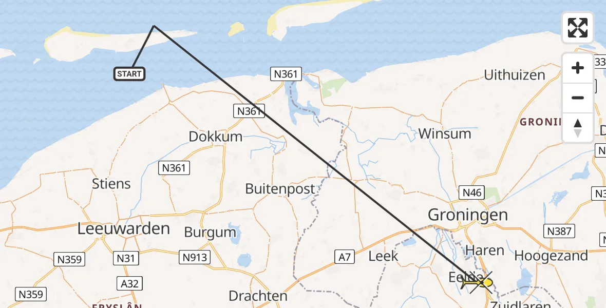 Routekaart van de vlucht: Ambulanceheli naar Eelde