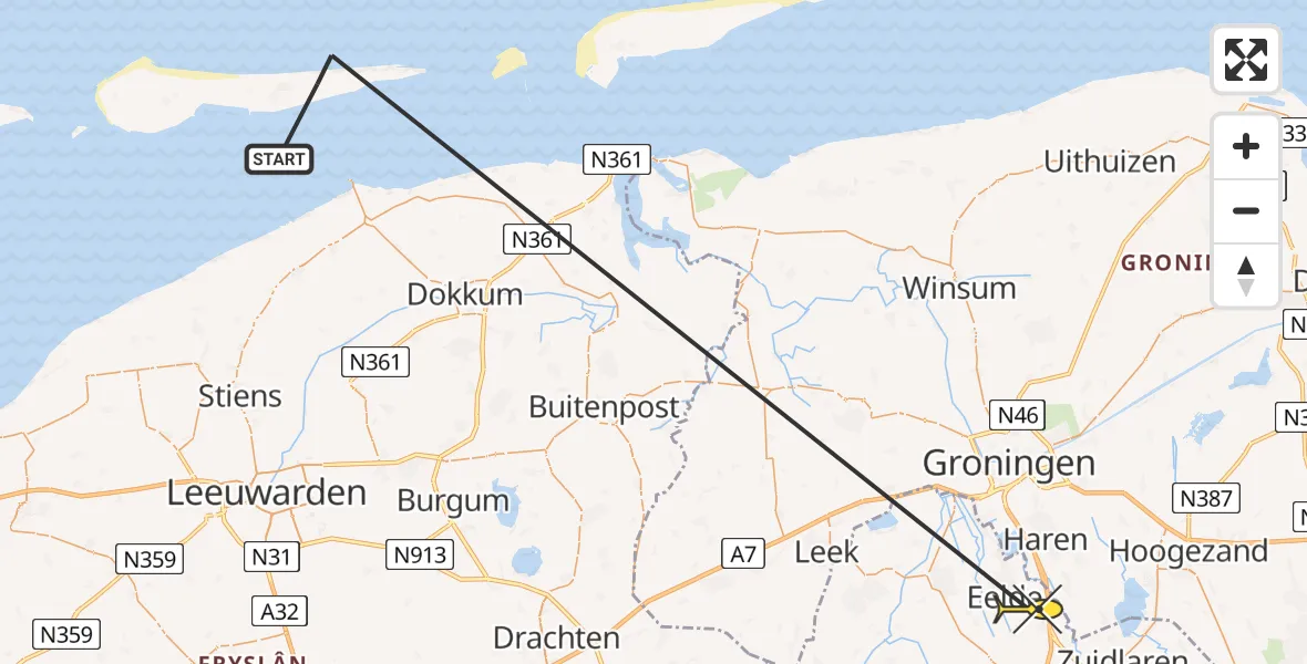 Routekaart van de vlucht: Ambulancehelikopter naar Eelde