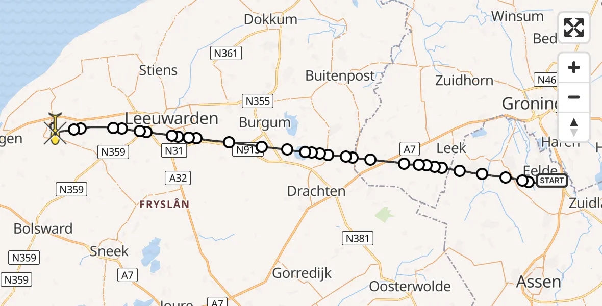 Routekaart van de vlucht: Lifeliner 4 naar Franeker