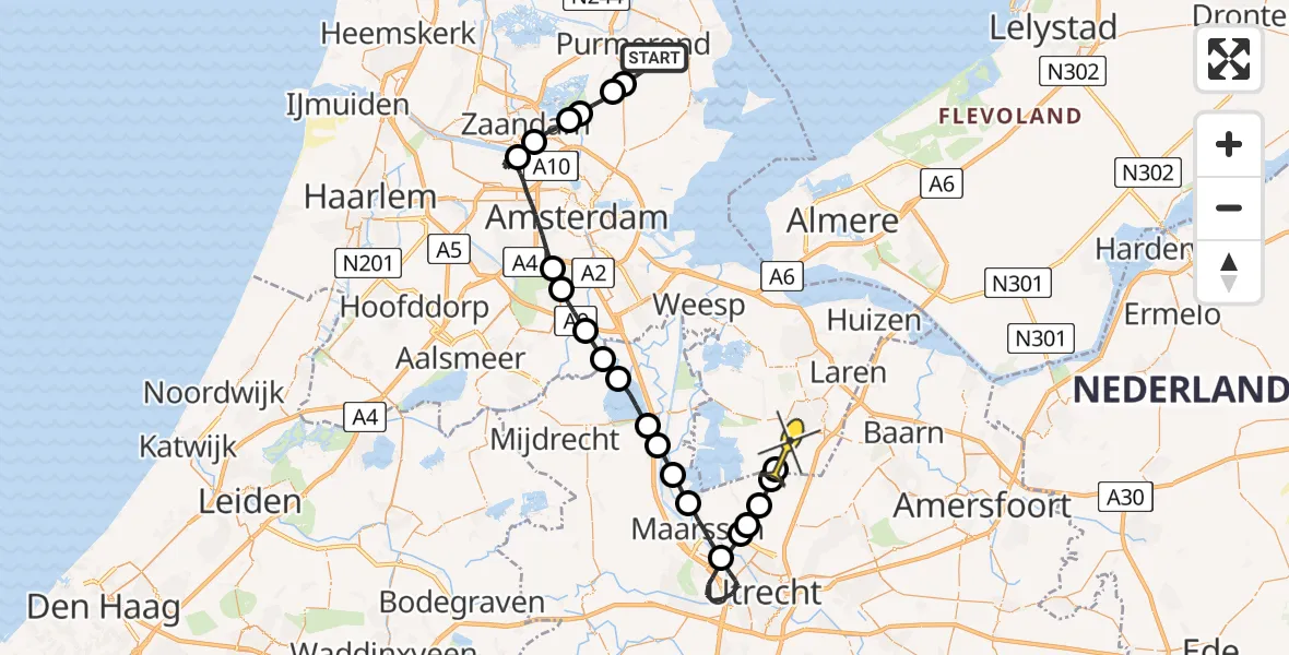 Routekaart van de vlucht: Lifeliner 1 naar Hilversum