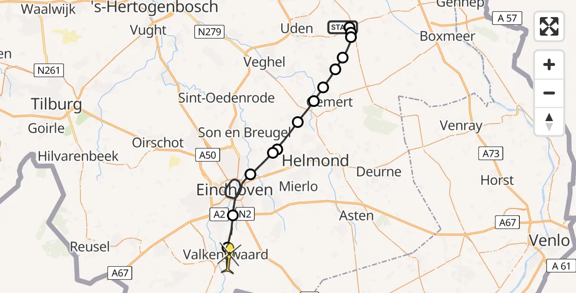 Routekaart van de vlucht: Politiehelikopter naar Valkenswaard