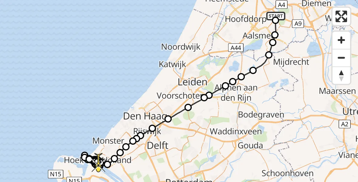 Routekaart van de vlucht: Politieheli naar Hoek van Holland