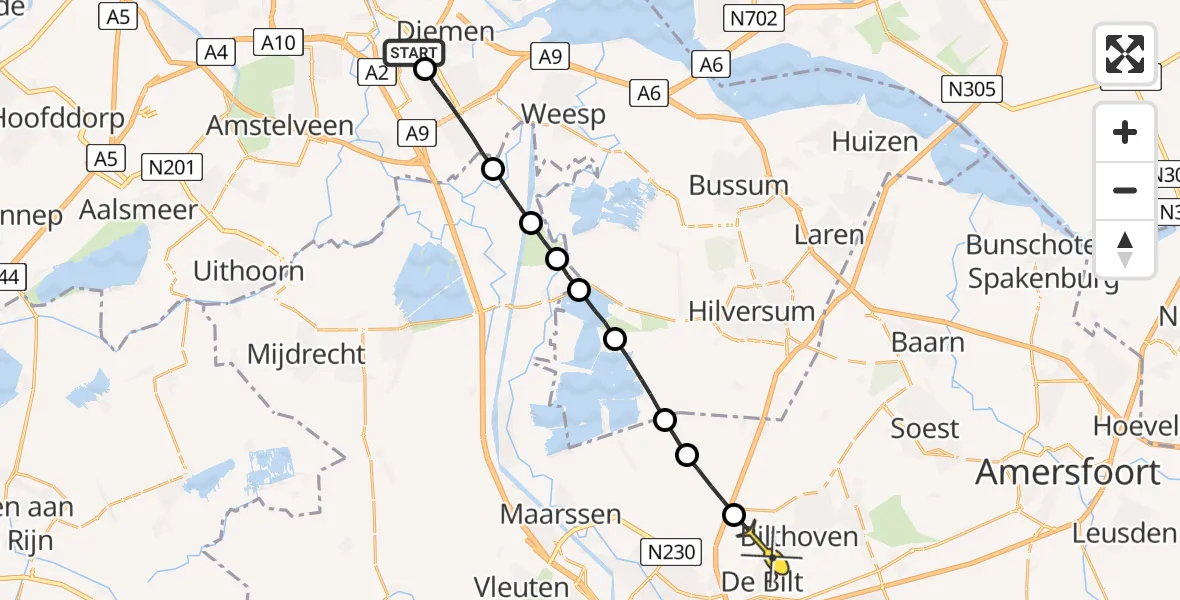 Routekaart van de vlucht: Lifeliner 1 naar Bilthoven