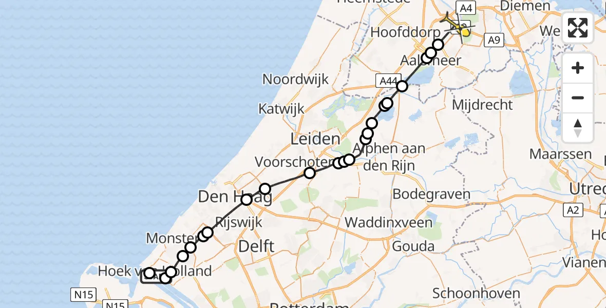 Routekaart van de vlucht: Politieheli naar Schiphol