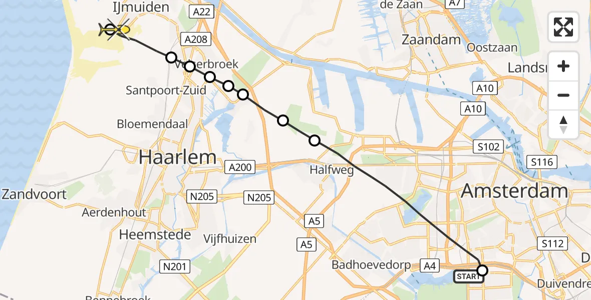 Routekaart van de vlucht: Lifeliner 1 naar IJmuiden