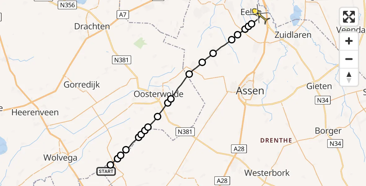 Routekaart van de vlucht: Lifeliner 4 naar Eelde