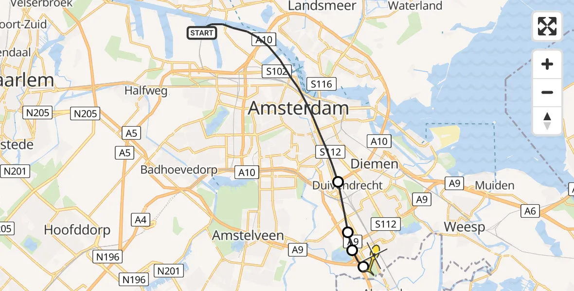 Routekaart van de vlucht: Lifeliner 1 naar Amsterdam