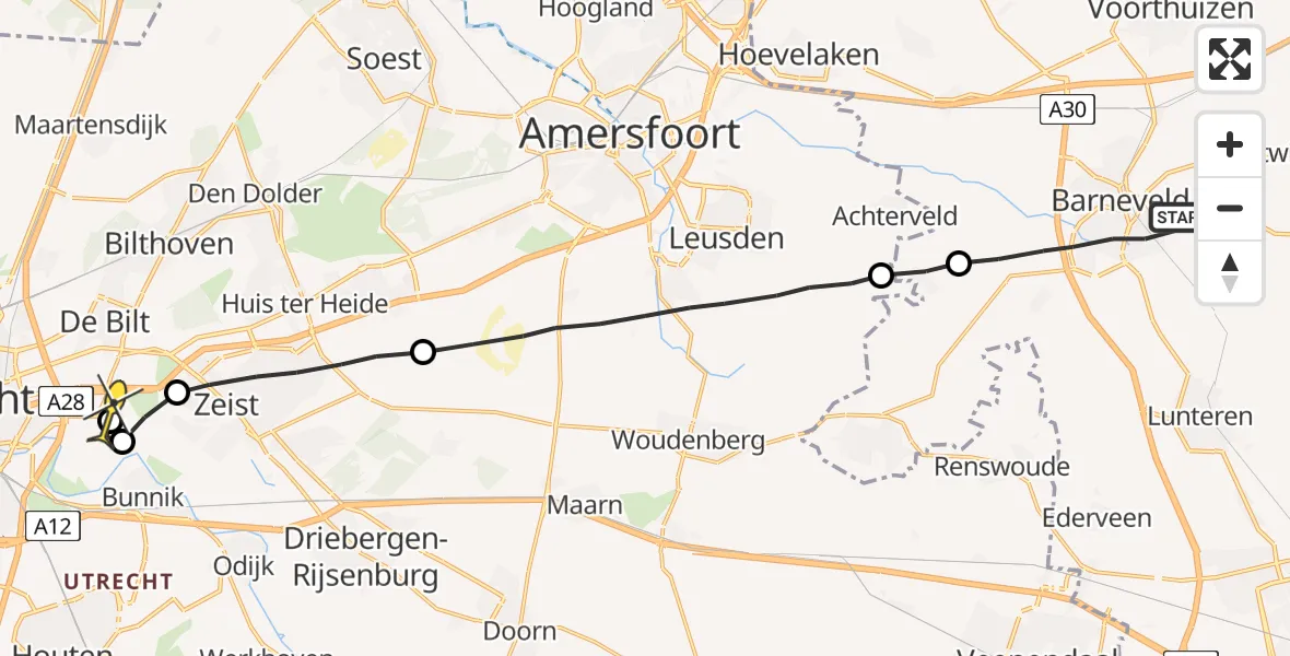 Routekaart van de vlucht: Lifeliner 1 naar Universitair Medisch Centrum Utrecht