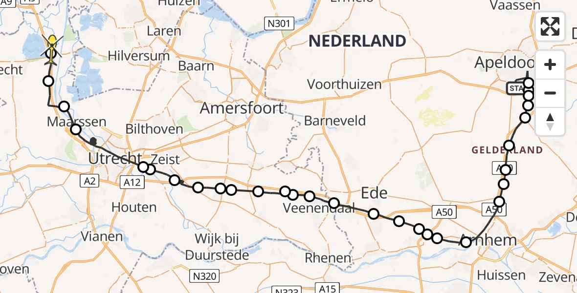 Routekaart van de vlucht: Politiehelikopter naar Baambrugge