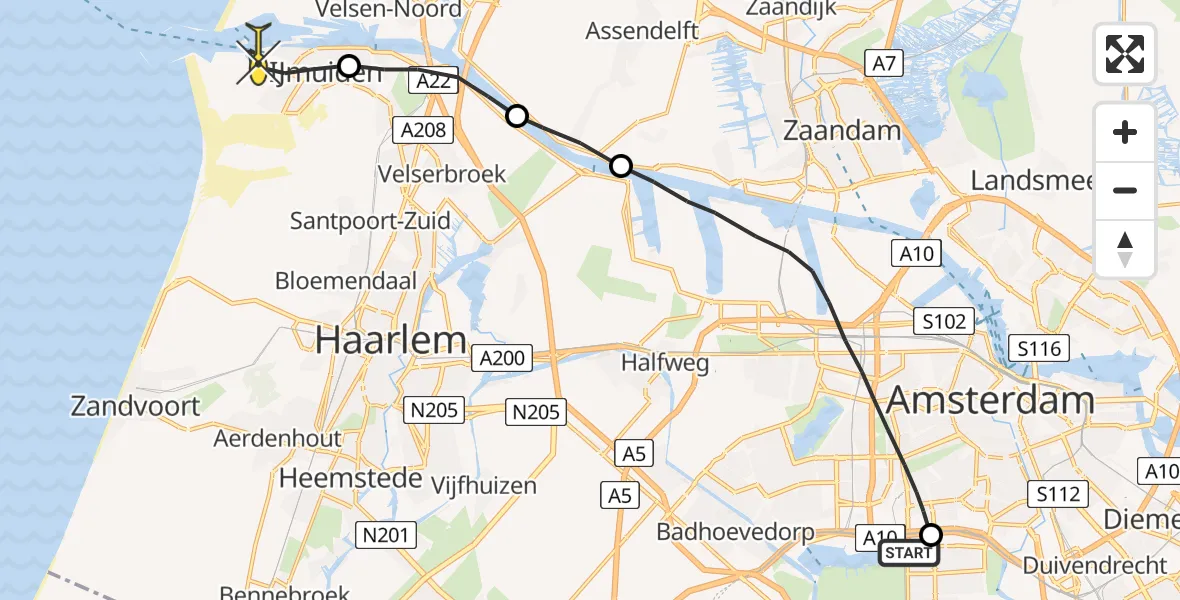 Routekaart van de vlucht: Lifeliner 1 naar IJmuiden