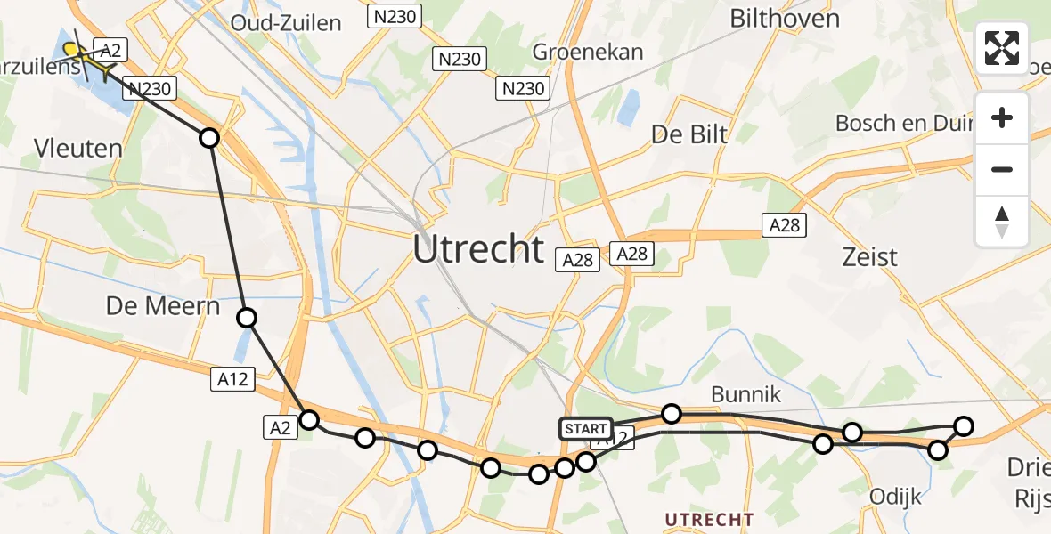 Routekaart van de vlucht: Politieheli naar Utrecht