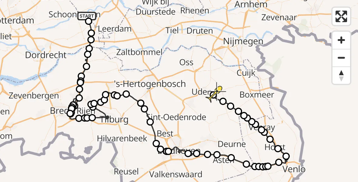 Routekaart van de vlucht: Politieheli naar Volkel