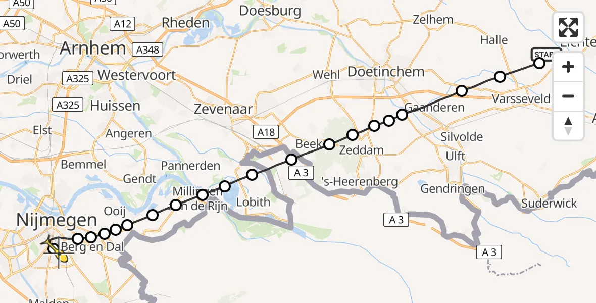 Routekaart van de vlucht: Lifeliner 3 naar Radboud Universitair Medisch Centrum