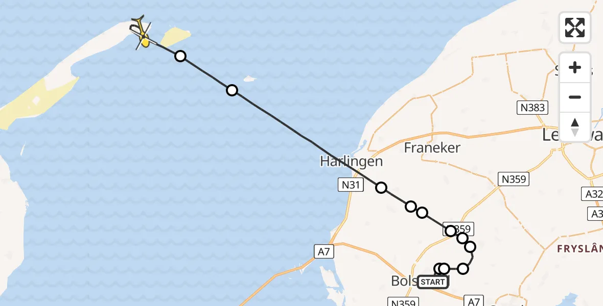 Routekaart van de vlucht: Lifeliner 4 naar Vlieland