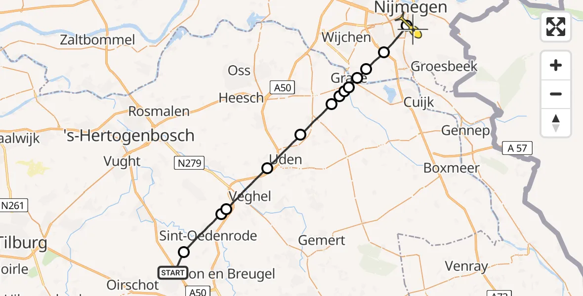 Routekaart van de vlucht: Lifeliner 3 naar Radboud Universitair Medisch Centrum