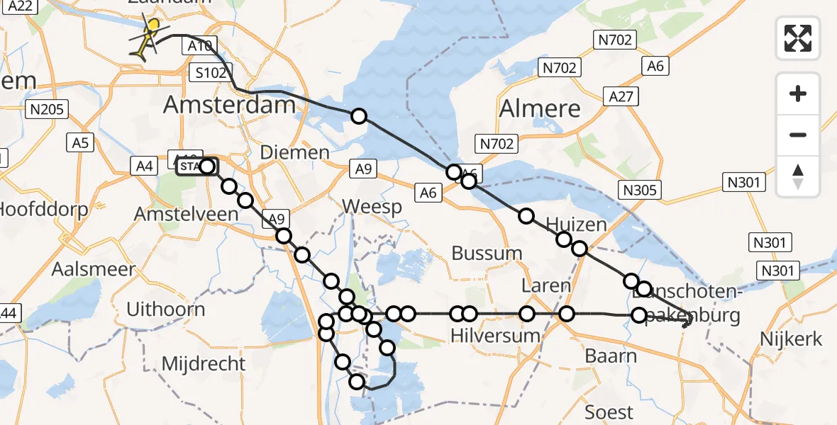 Routekaart van de vlucht: Lifeliner 1 naar Amsterdam