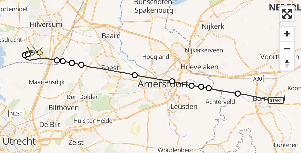 Routekaart van de vlucht: Lifeliner 1 naar Hilversum