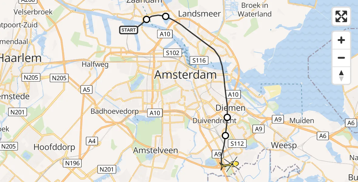 Routekaart van de vlucht: Lifeliner 1 naar Amsterdam