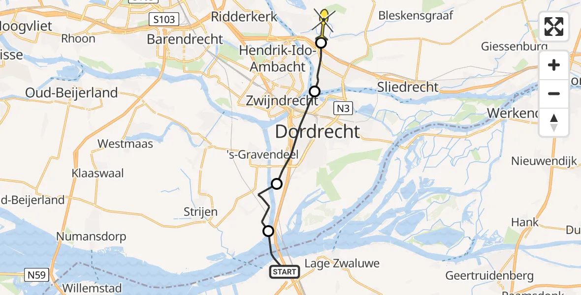 Routekaart van de vlucht: Politiehelikopter naar Alblasserdam