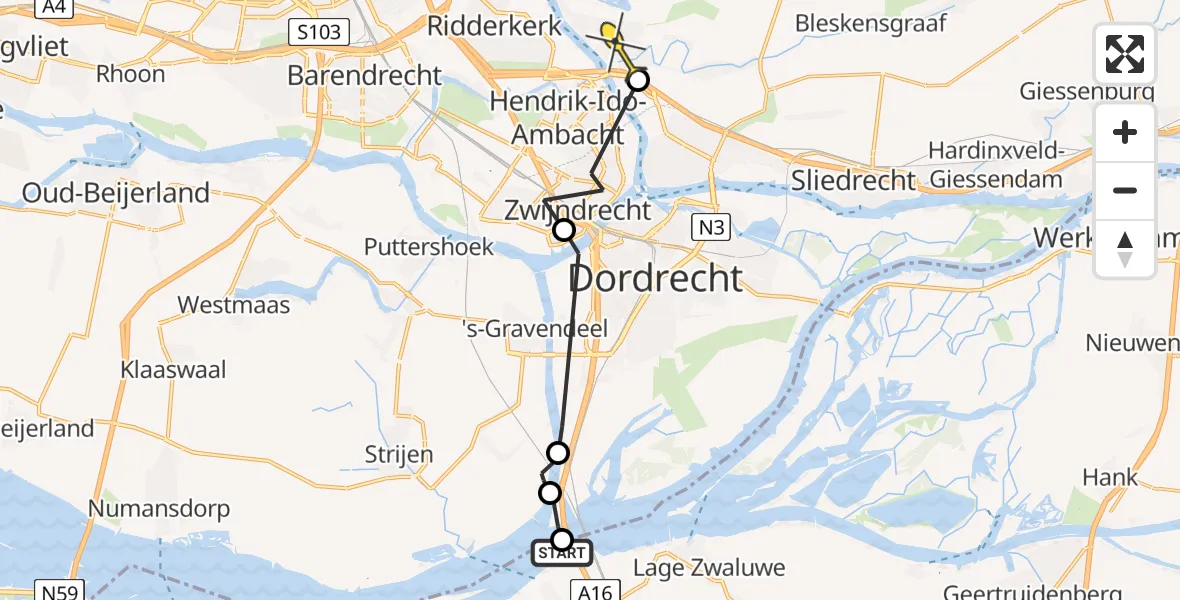 Routekaart van de vlucht: Politiehelikopter naar Alblasserdam