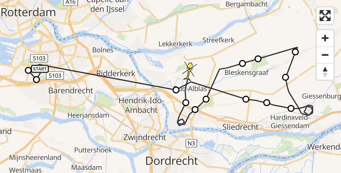 Routekaart van de vlucht: Politieheli naar Oud-Alblas