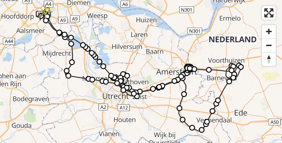 Routekaart van de vlucht: Politieheli naar Schiphol