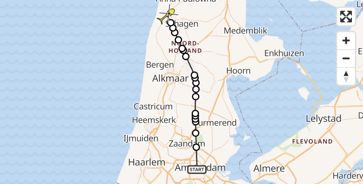 Routekaart van de vlucht: Lifeliner 1 naar Schagerbrug