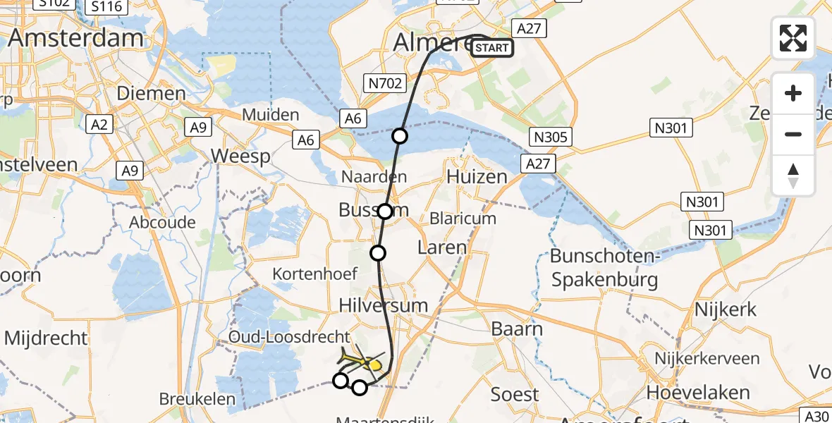 Routekaart van de vlucht: Lifeliner 1 naar Hilversum