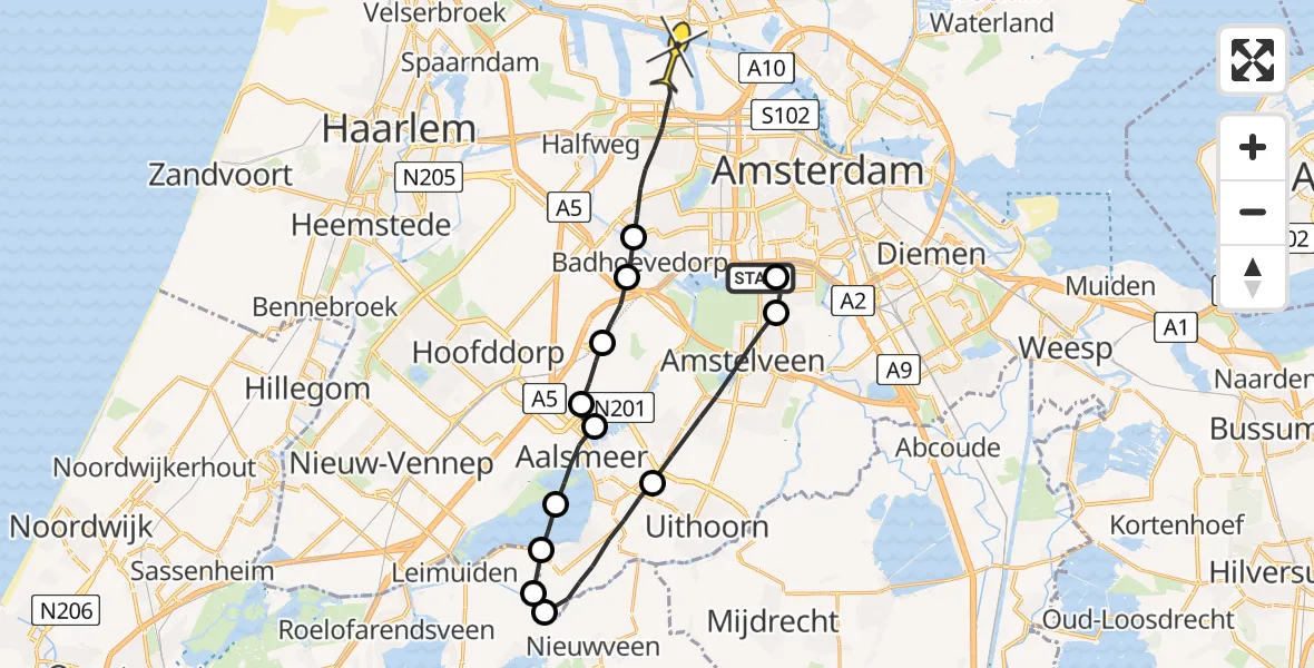 Routekaart van de vlucht: Lifeliner 1 naar Amsterdam